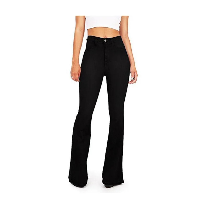 Лоскутные отбеленные расклешенные женские джинсы с высокой талией винтажные джинсовые широкие расклешенные джинсы офисные женские корейские расклешенные брюки - Цвет: Черный