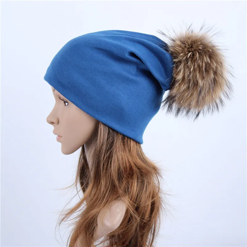 Blue A Geebro, женская шапка, осенняя, повседневная, цветная, с помпонами, громоздкая, шапочки, для девочек, Лисий мех енота, с помпоном, женская, с помпоном, шапка Skullies - Цвет: Blue A