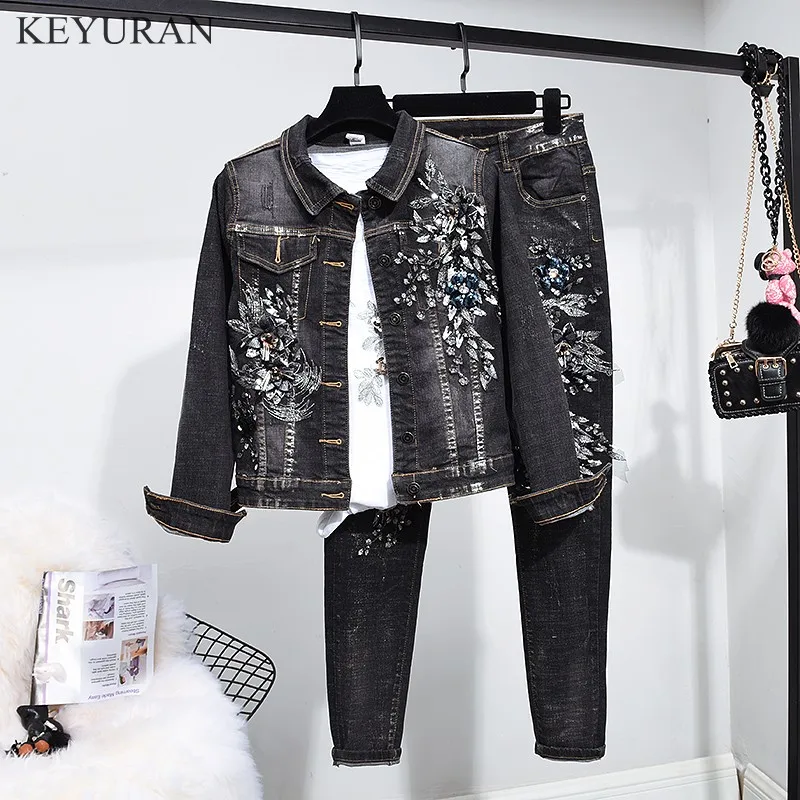 

Women's Sequined Flower Embroidery Denim Jacket + Stretch Pants Suits 2019 New Female Casual Two Piece Sets For Woman L2946
