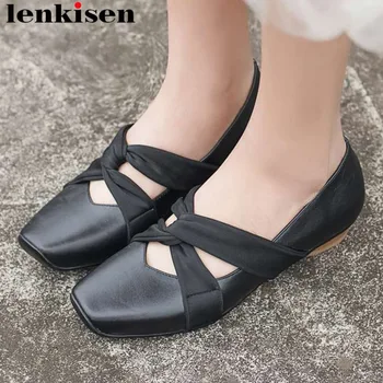 

Lenksien art girls full grain leather low heels classic square toe slip on Preppy style vintage original design dating pumps L11