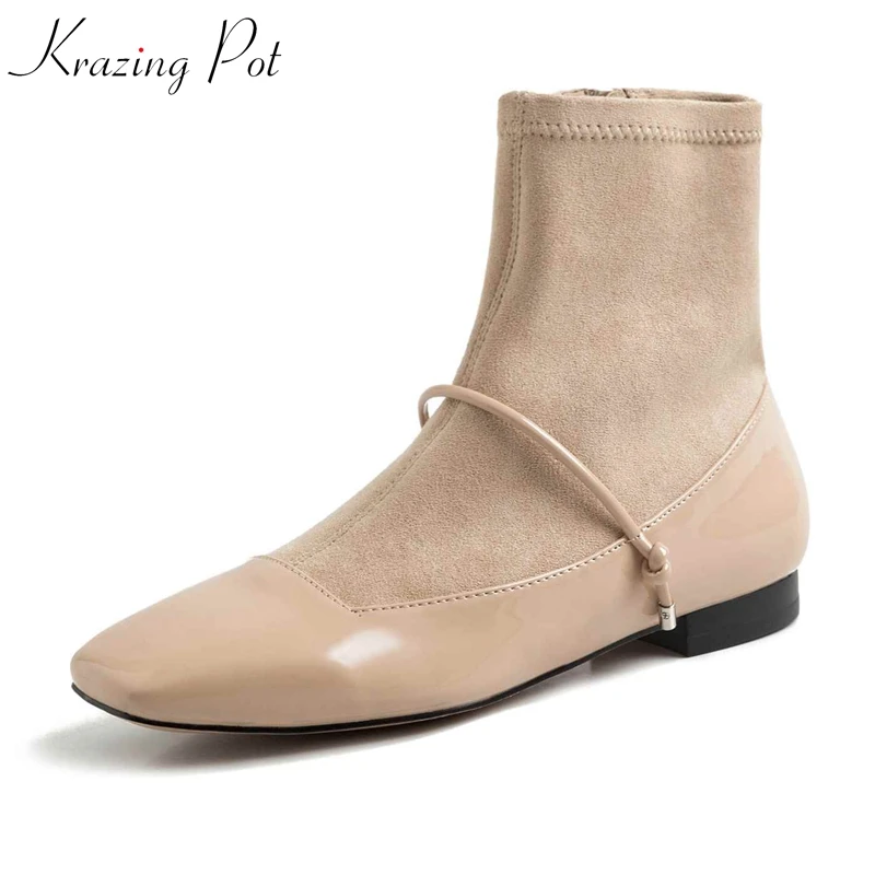 

Krazing pot 2019 Autumn Winter European fashion metal fasteners stretch flock zipper solid color Chelsea cozy ankle boots l61