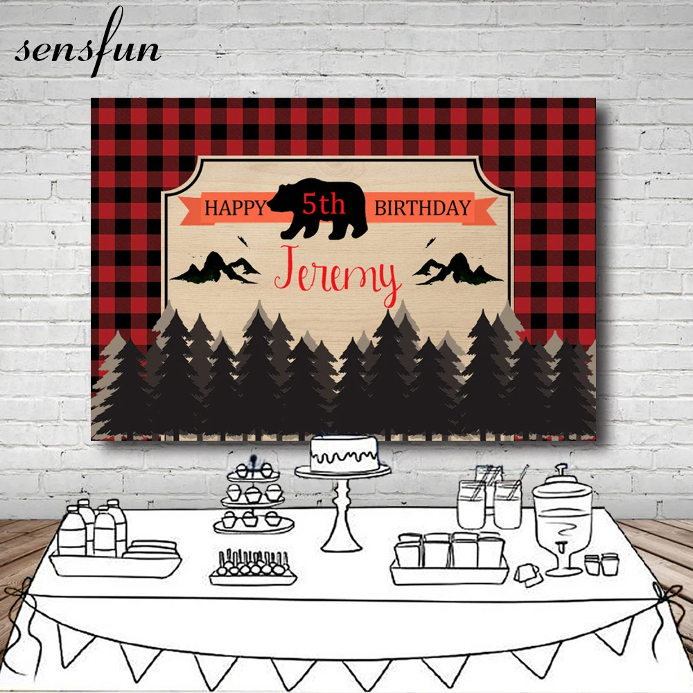 

Custom Birthday Party Lumberjack Backdrop Red And Black Buffalo Plaid Trees Backgrounds For Photo Studio 7x5FT Vinyl