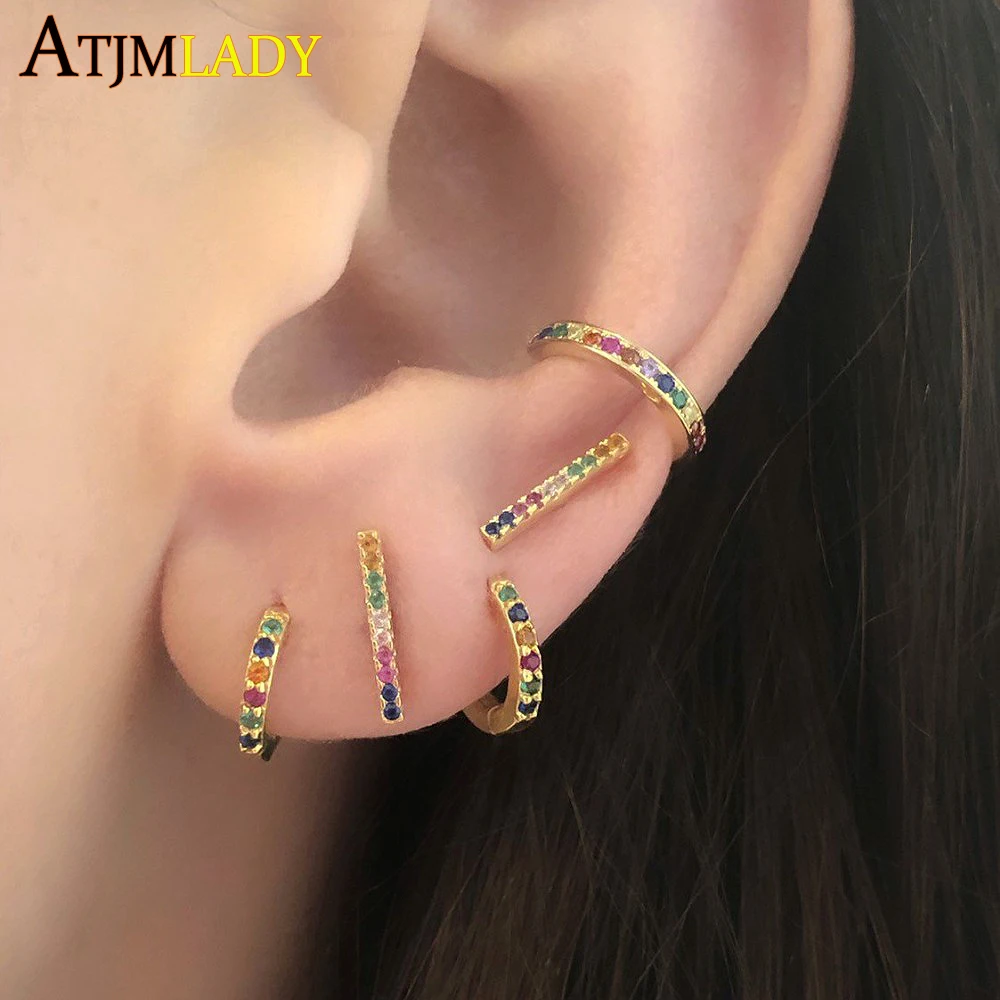 

2019 Rainbow mix colored cz Earring gold filled 925 Sterling Silver huggie hoops girls minimal tiny small cute gorgeous Earring