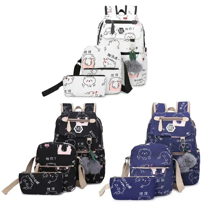 

3 Pcs/Set Women USB Charging Canvas Printing School Backpacks Schoolbag For Teenagers Student Bookbag Rucksack
