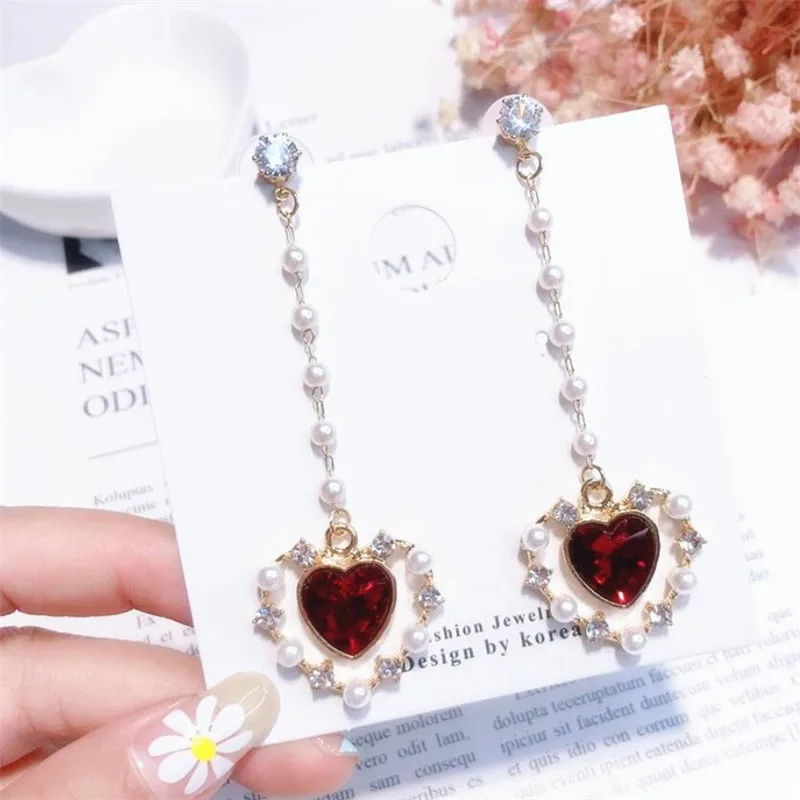 

Top grade Sweet and lovely red heart pearl tassel silver pin long earring clip without earless not fade corlor