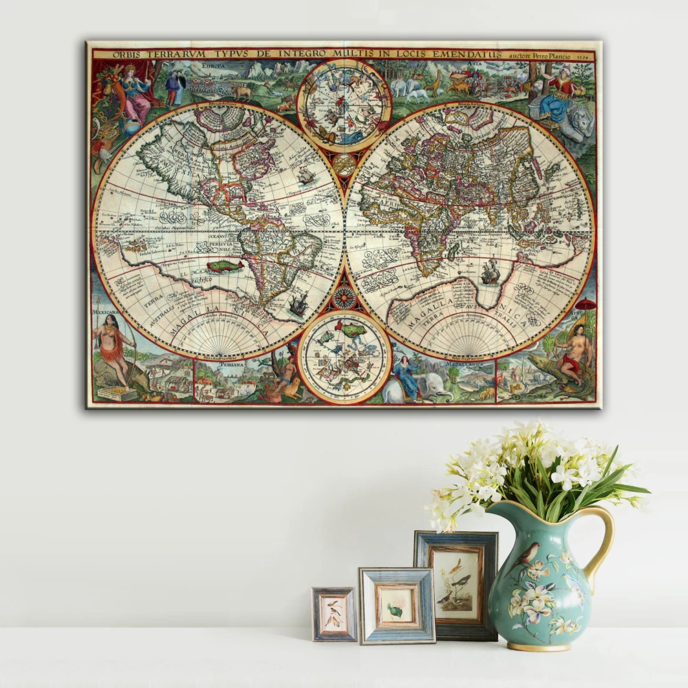 

Vintage Map Of World Spray Printing On Canvas High Quality Map Of the World Old New Fashion Art Home Wall Picture Frameless