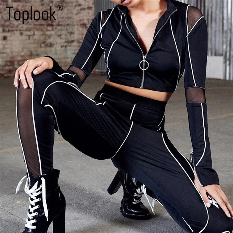 Toplook Women Sets zipper black Crop Tops T shirt stripe Casual