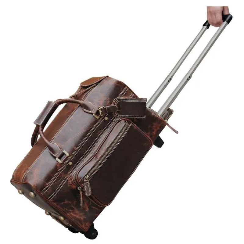 

TRAVEL TALE men genuine leather rolling luggage trolley wheels travel trolly bag for traveling