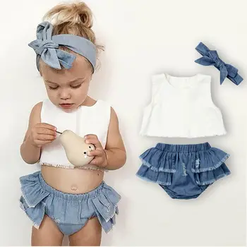 

3PCS Newborn Baby Girl Clothes Set Sleeveless Vest Tank Top+ Ruffle Denim Shorts Pants +Headband Summer Outfit