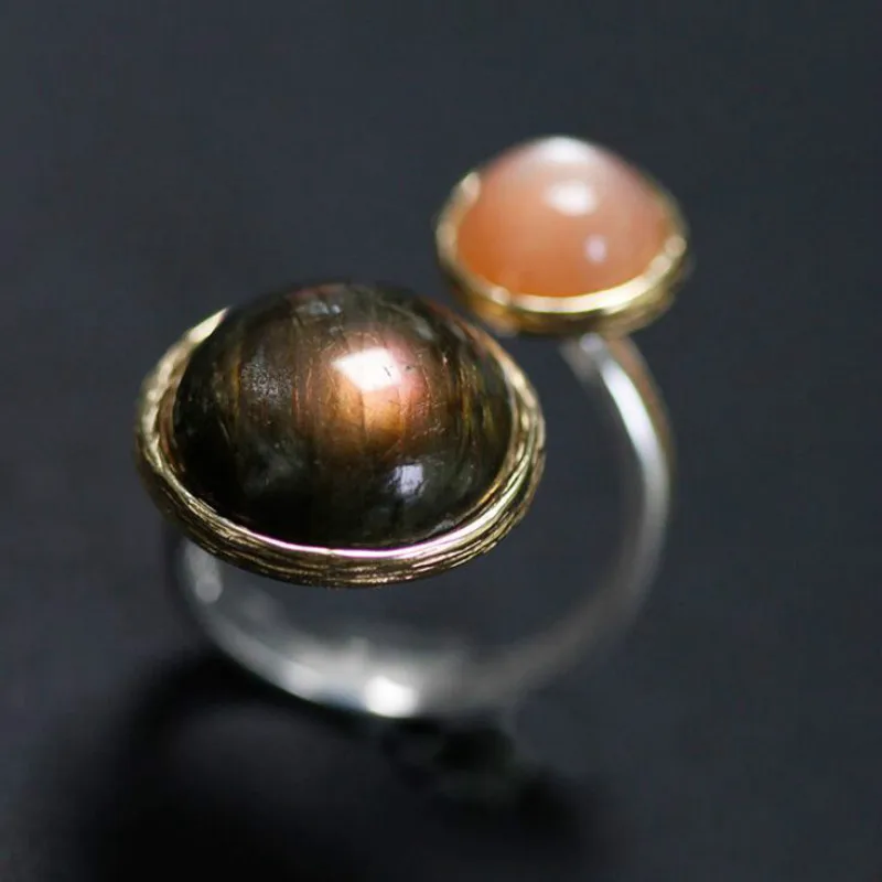 

JINSE Real 925 Sterling Silver Natural Labradorite Moonlight Stone Handmade Fine Jewelry Mysterious Lake Rings for Women