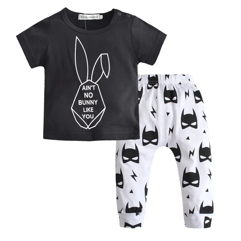 Коллекция года, летние комплекты одежды для маленьких мальчиков Одежда для новорожденных девочек хлопковая футболка с короткими рукавами и рисунком+ штаны, комплект из 2 предметов для малышей - Цвет: Черный
