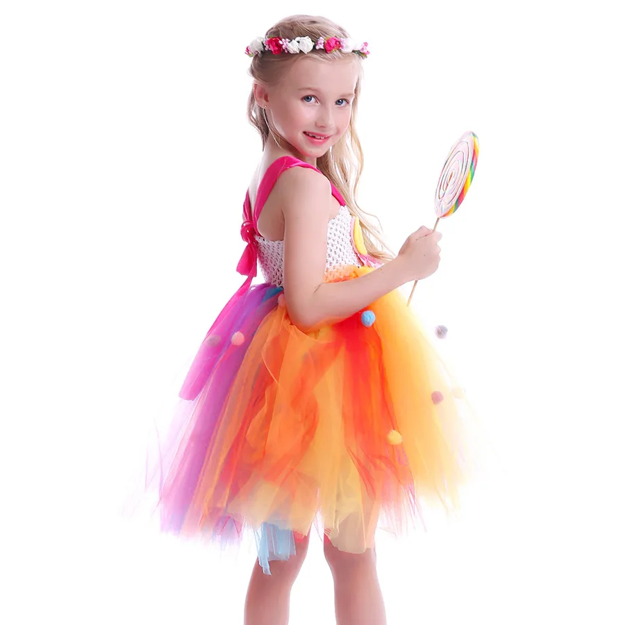 Girls Rainbow Fairy Tutu Dress Sweet Kids Candy Lollipop Dress Children Pom pom Dress for Birthday Outfit Lollipop Gown (3)