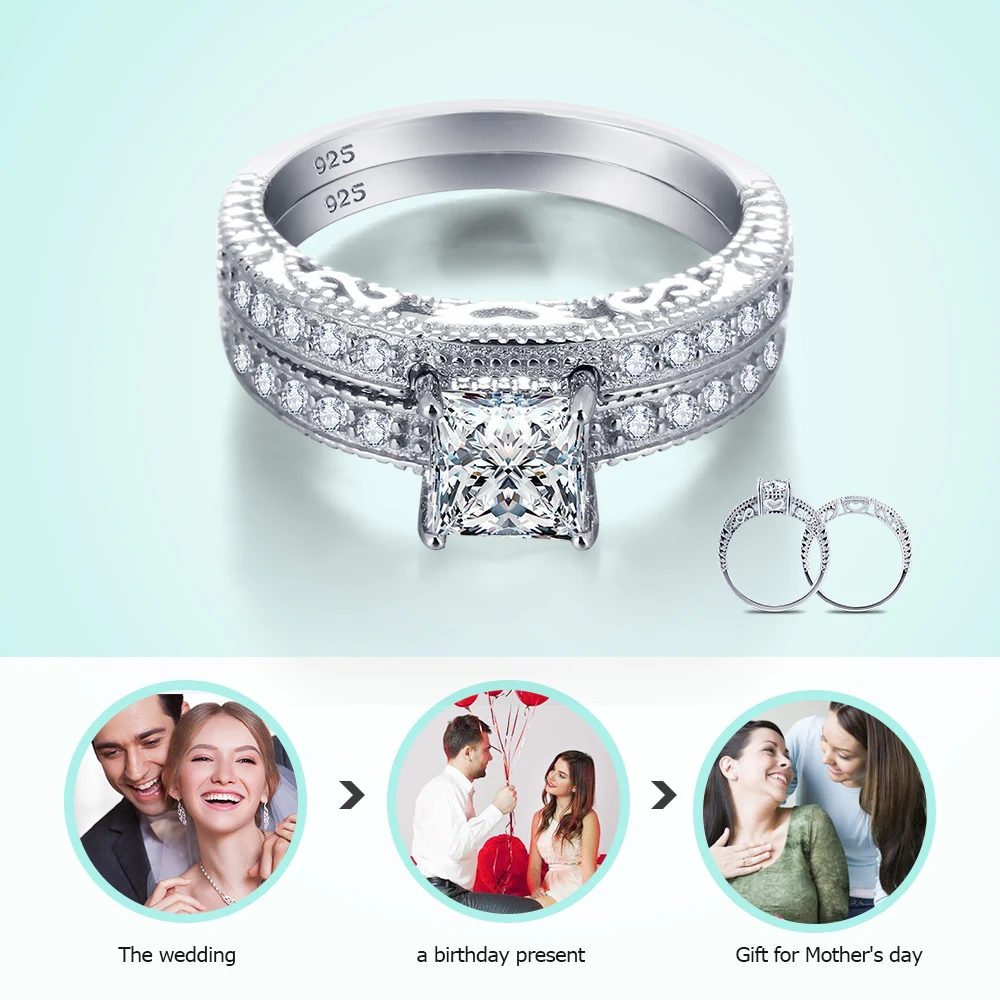 Luxurious Engagement 6mm Square Cubic Zirconia Wedding Ring Bridal Sets 925 Sterling Silver Rings For Women (JewelOra RI101614)