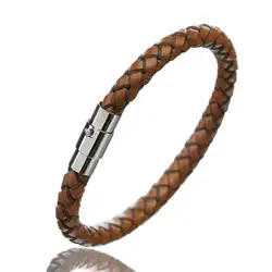 Handcrafted Vintage Gold Tone Leather Bracelet with Magnetic Clasp - 19cm (Brown Silver)