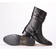 Gothic Punk Boots Men Leather Pu Pointed Toe In Tube Fashion Black Casual Boots Male Low Heel Motorcycle Martin Botas Hombre
