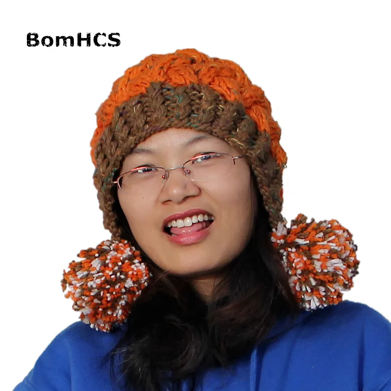 BomHCS милые Для женщин толстый кабель многоцветный ручной вязать шапочки уха Муфта теплая шапка с мягкими помпонами