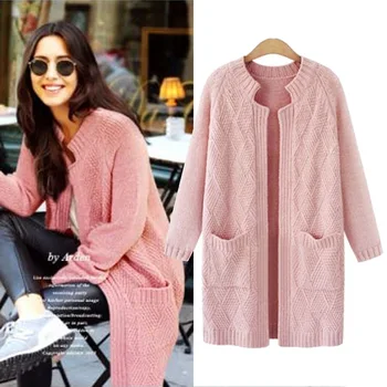 

2018 Spring New Gril's Cardigans With Pockets In The Long Loose Knit Cardigan Sweater Thick Plus Size Open Stitch Solid