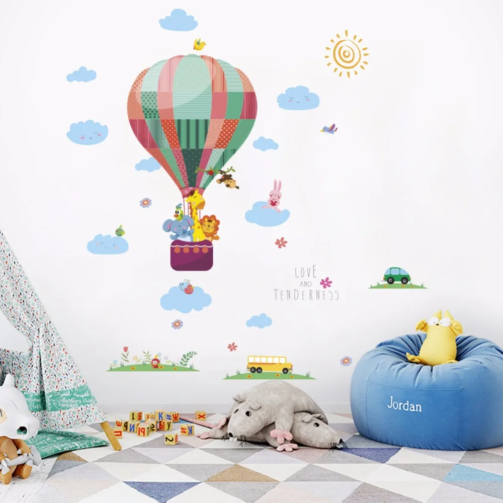 Красочный воздушный шар животных настенные наклейки для детского сада льва жирафа детский Виниловый фон для помещения с героями мультфильмов классная комната, для стен наклейка плакат