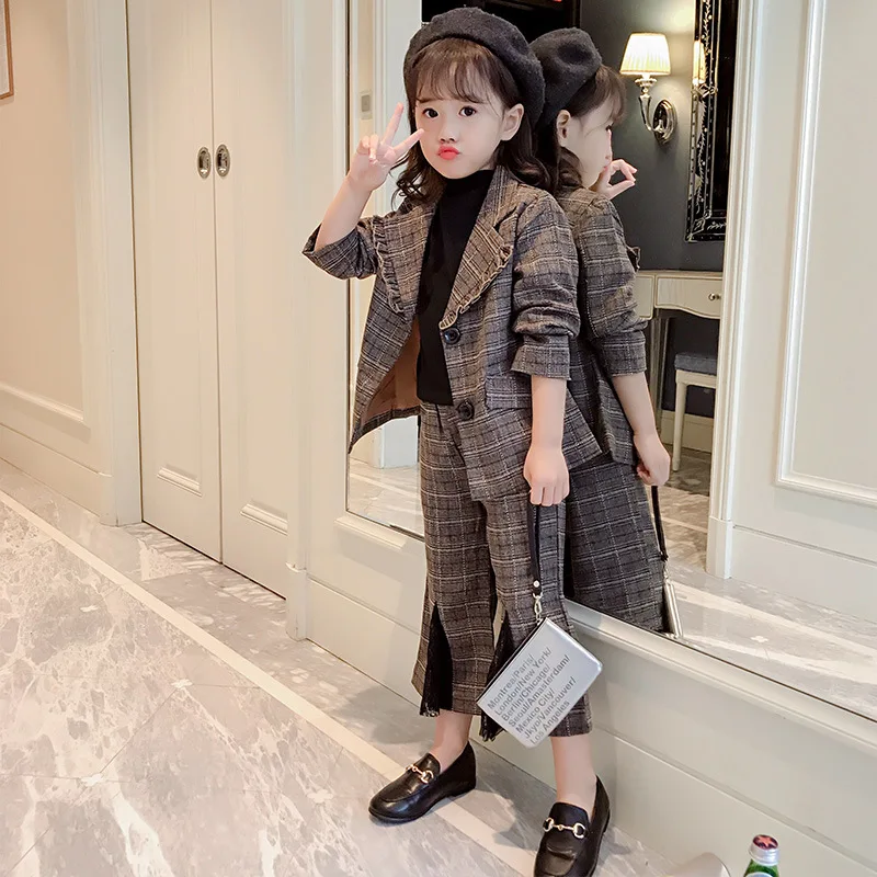 

Kids Girls Suit Clothing Set 2019 Spring and Autumn Modis Clothes Checks Fashion Suit Jacket Bell-bottomed Pants for Baby Girls