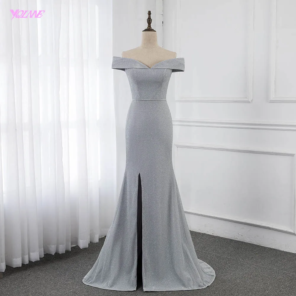 

YQLNNE Silver Off the Shoulder Evening Dress Formal Gowns Mermaid Slit Right Women Party Dresses