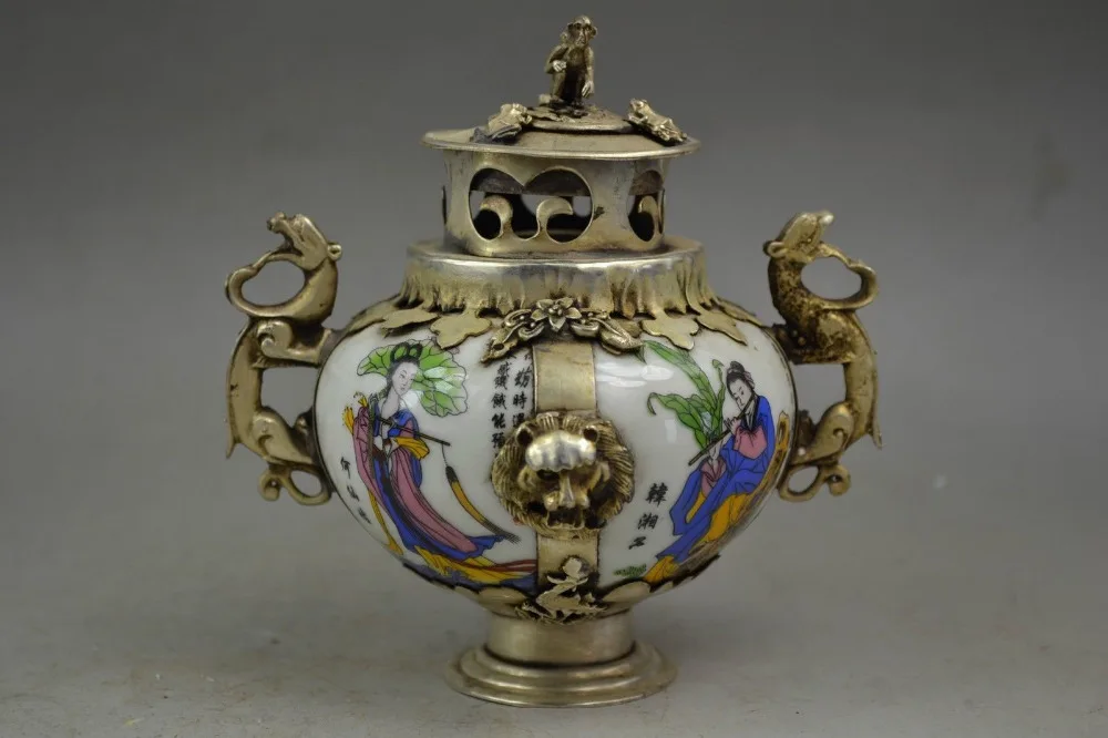 

2PCS Porcelain Painting 8 God Life Inlay Armoured Dragon Incense Burner Pair decoration wholesale factory Bronze Arts outlets