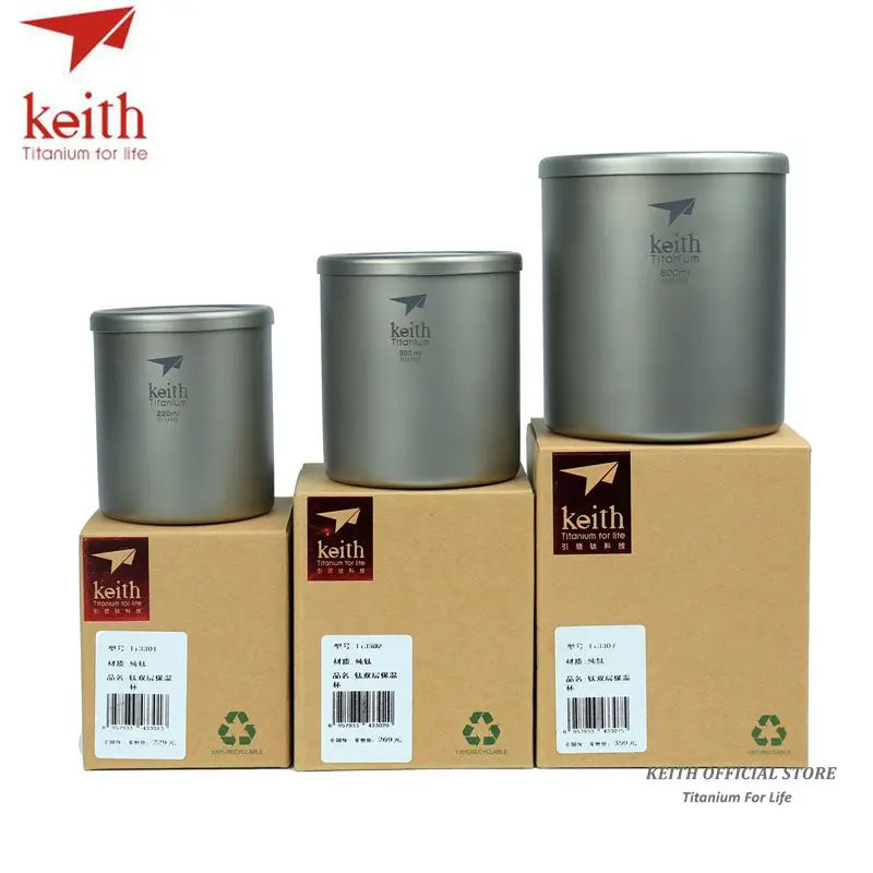 Keith Pure Titanium Double Wall Water Mugs Titanium Lid Drinkware Outdoor Camping Water Coffee Beer Cup Ultralight Travel Mug