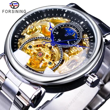 

Forsining 2019 Royal Luxury Moon Phase Design Mens Golden Transparent Open Work Automatic Mechanical Wristwatch Top Brand Luxury