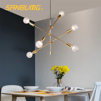 

SANBUGM Nordic Wrought Iron Chandelier Postmodern Electroplating Bronze Geometric Line Pendant Lamp Bedroom Dining Room Light