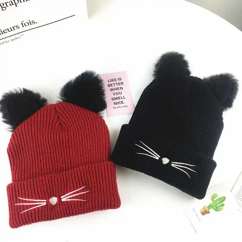 

WZCX 2019 New Fashion Cat Ears Korean Version Knitted Hat Embroidery Solid Color Winter Hats For Women Adult Cap