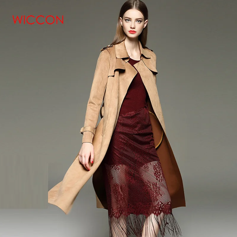New Autumn Suede Trench Coat Women Mujer Long Elegant Outwear Female Overcoat Slim Red Suede Cardigan Trench