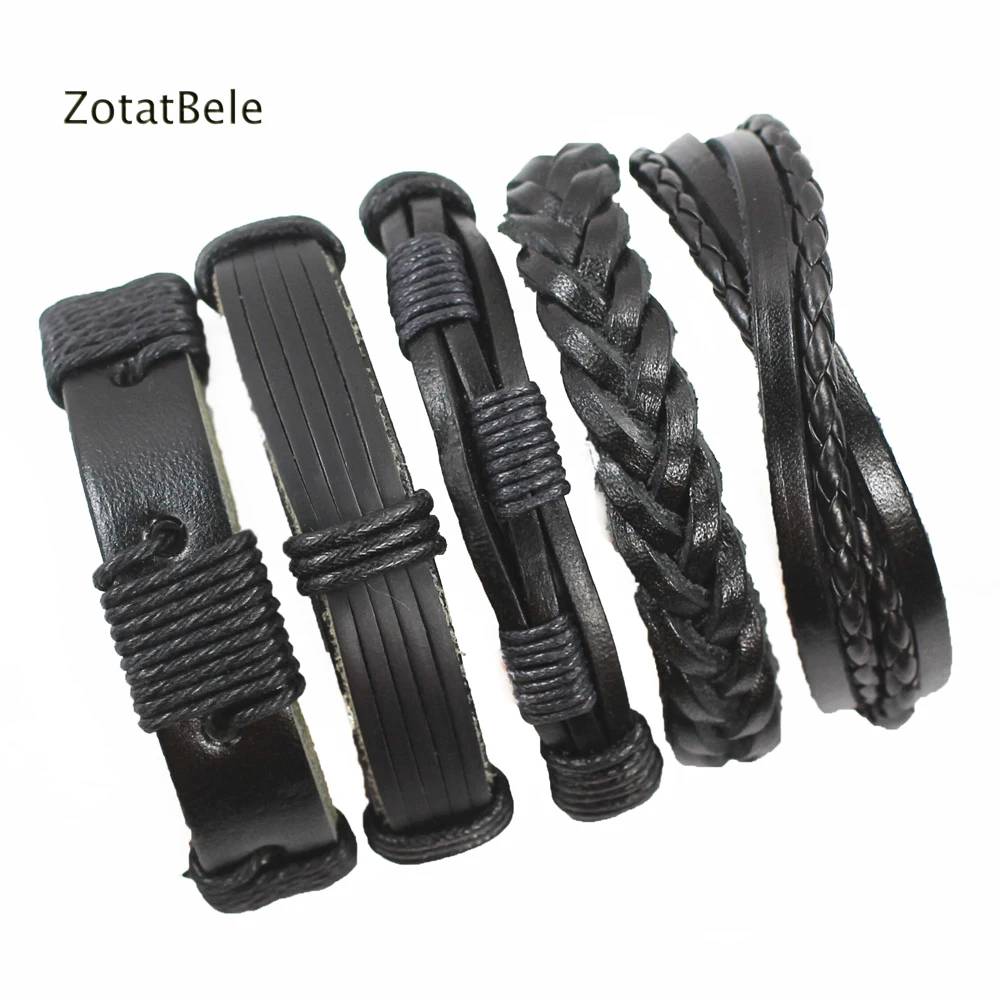 ZotatBele, 5 шт., винтажные черные кожаные браслеты, многослойный Плетеный браслет, мужские браслеты, веревка, цепочка,, мужские ювелирные изделия F24