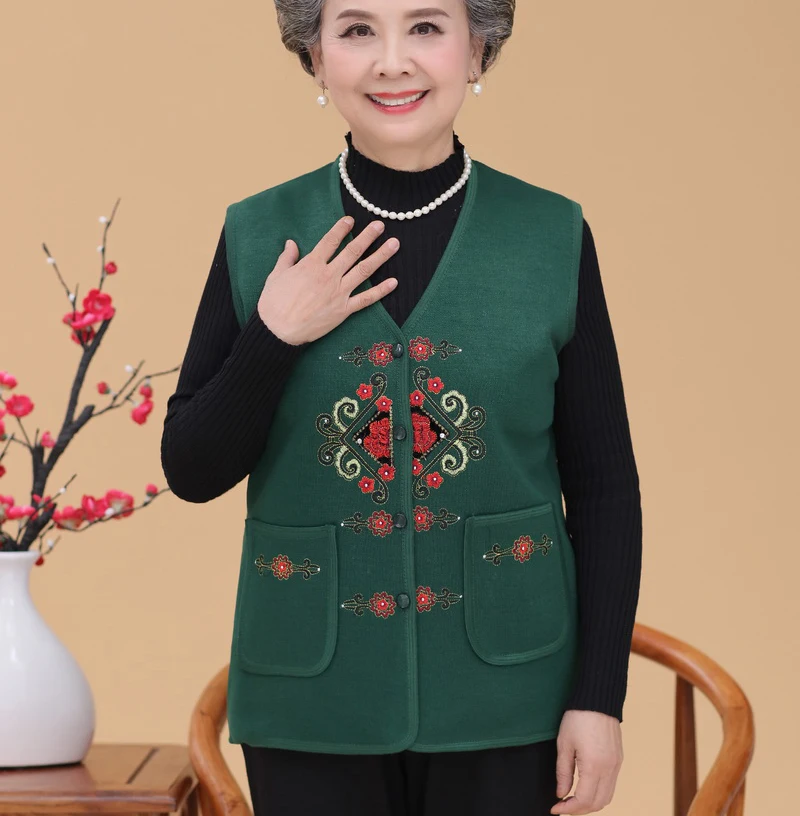 Новинка осени, вязаный кардиган для женщин среднего возраста, повседневный жилет размера плюс с вышивкой, жилет grandma's 60-70 лет, свитер R602