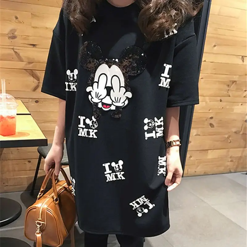 

Plus Size 5XL Black T-shirt Summer Runway Women Cartoon Sequins Print Loose T shirt Short Sleeve Long t shirts Oversized Top Tee