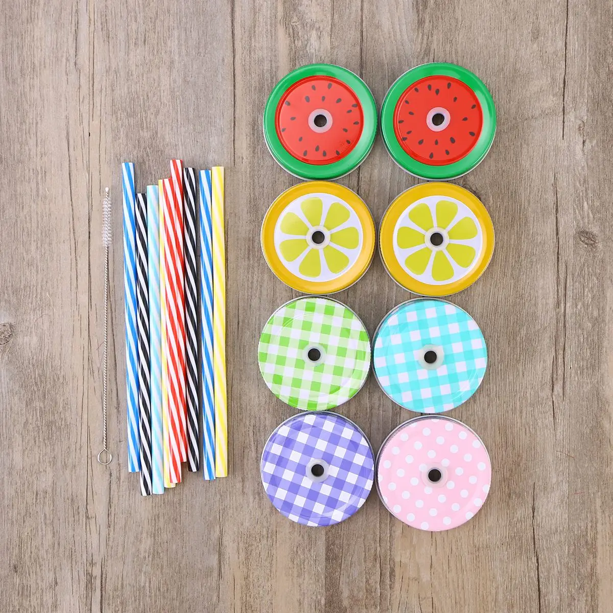 Us 4 75 5 Off 17 Piece Lovely Cute Colorful Decorative Mason Jar Lids With Straw Hole 8 Lids 8 Striped Plastic Straws 1 Brush Set For Summer In