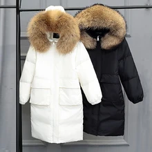 Новинка, Женское зимнее пальто, женский меховой воротник с капюшоном, теплый толстый пуховик средней длины, Женская куртка, белое пуховое пальто