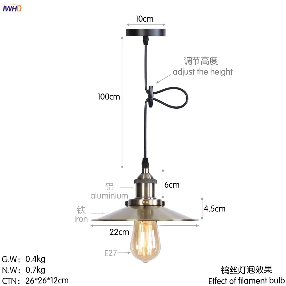 IWHD золото ретро Edison светодиодный подвесные светильники обеденный Гостиная Лофт Промышленные Decor подвесные светильники Hanglamp Винтаж - Цвет корпуса: 1