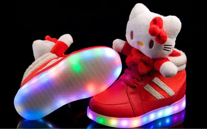 

2016 New Hello Kitty Kids Shoes LED Girls Shoes Lovely USB Charging Lighted Kids Boots Children Shoes LED Chaussure Enfant G3