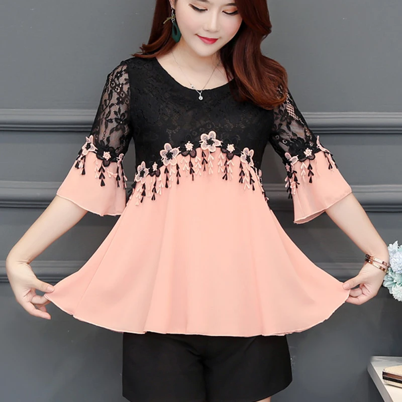 

New 2018 fashion Autumn Summer hollow out Women blouse Cotton round neck flower embroidery half sleeve tops shirts 661B3