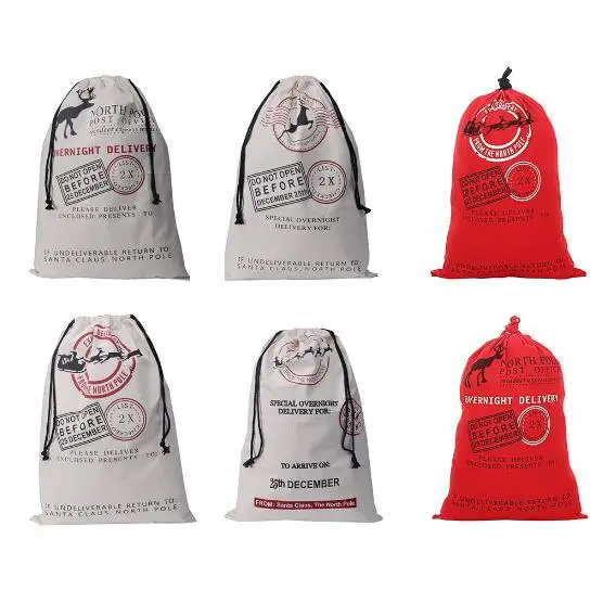 

18 stijl 50*70 cm 10 stks snelle levering kerstman zak santa zak xmas Gift canvas santa zak trekkoord kerstcadeau zak groothande