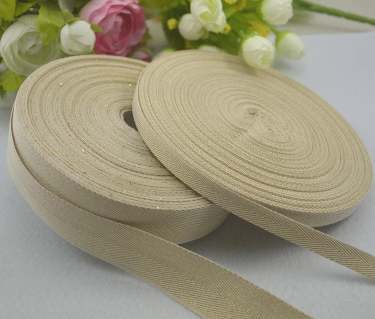 

Factory Direct High Quality Cotton Ribbon Webbing/ Twill Cotton Tape with Gold Thread DIY Hair Accessory