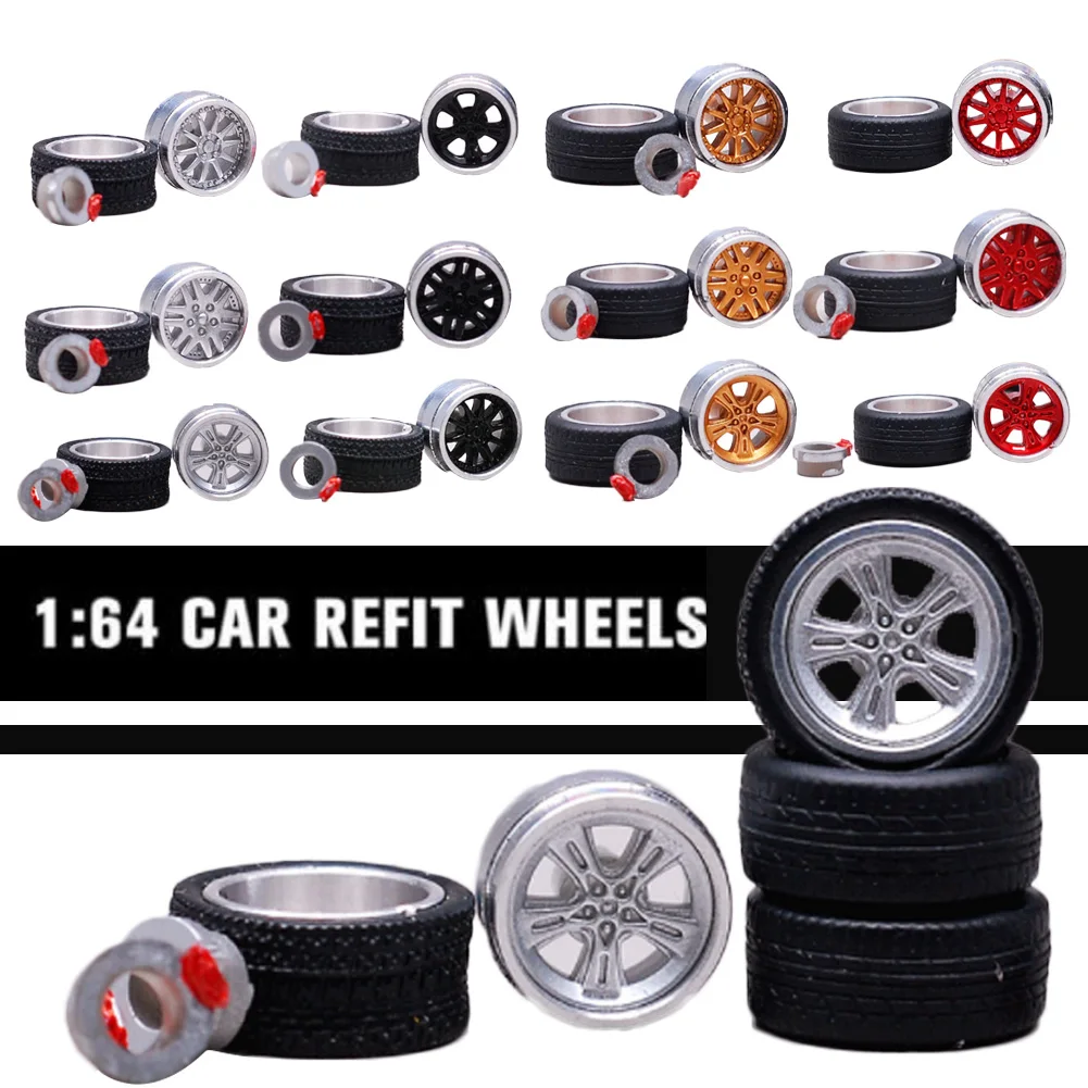 1:64 12 Styles Model Modified Tire+2axles+4end Caps Diecasts Alloy Wheel Tire Rubber Vehicles General Model Of Car Change Wheel