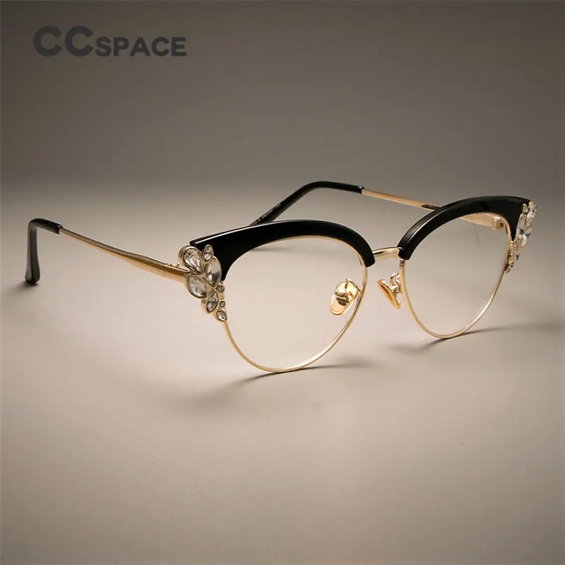 Ccspace Gorgeous Ladies Cat Eye Shiny Rhinestones Glasses Frames For Women Brand Designer