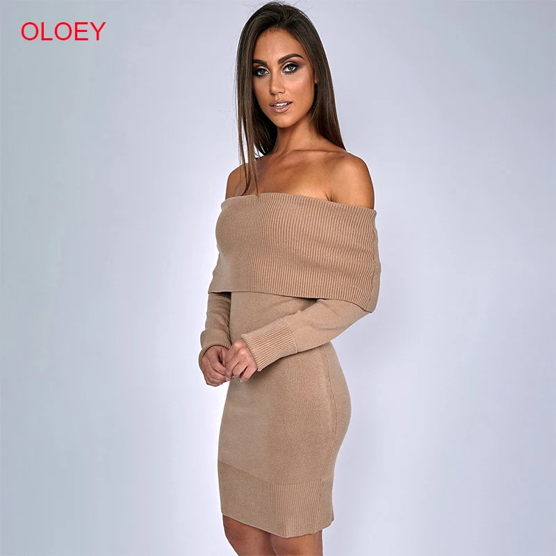 OLOEY 2019 Autumn Hot New Sweater Short Dress Sexy Slash Neck Knit Mini Loose One Color Long Puff Sleeve Dresses With Sashes