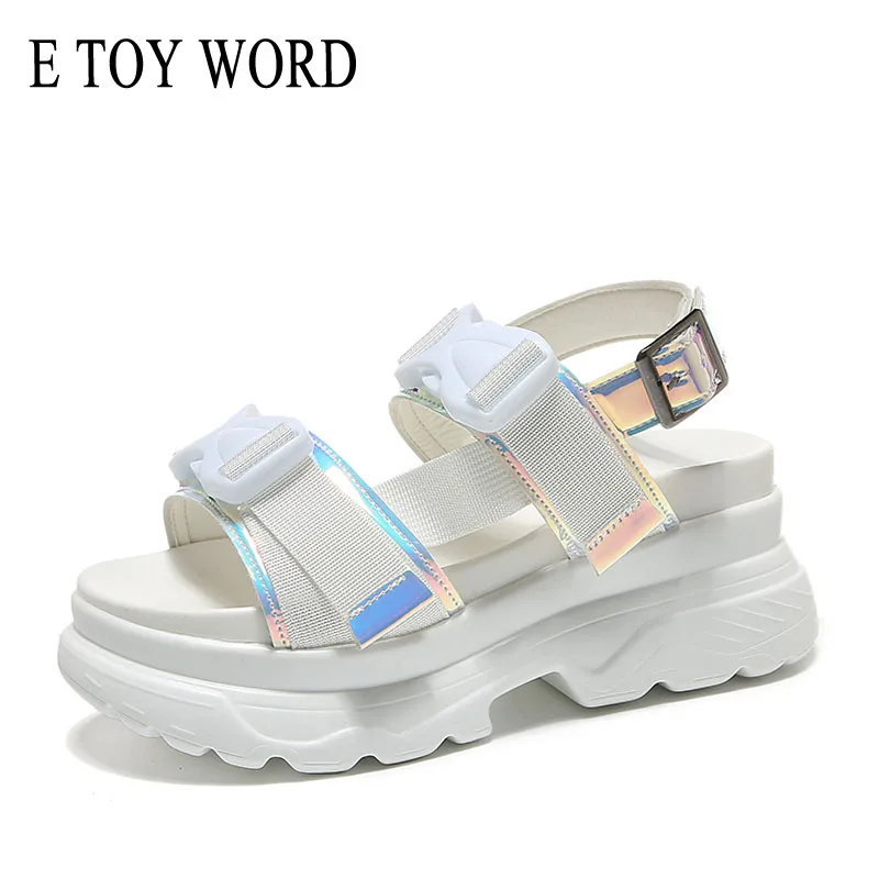 E TOY WORD 8cm Platform sandals Female Wedge High Heels Shoes Women Hook & Loop Leather Summer Zapatos Mujer Women Sandals 2019