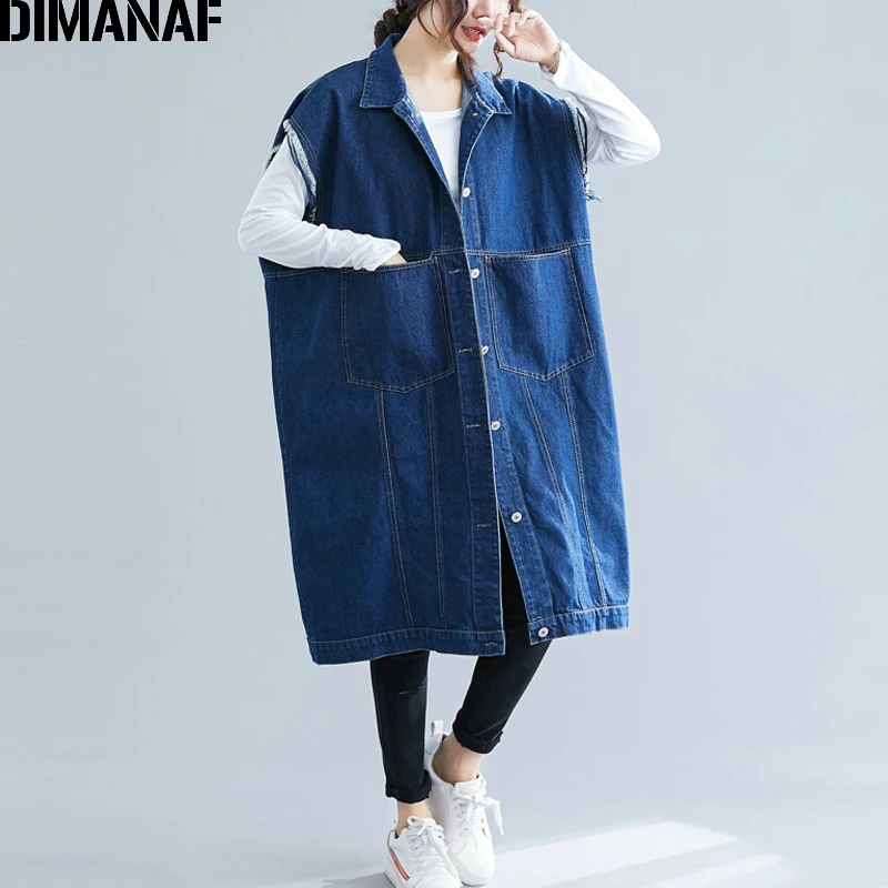 DIMANAF Plus Size Women Jackets Demin Blue Sleeveless Coats Tassel Casual Autumn Winter Cardigan Female Loose Outerwear New