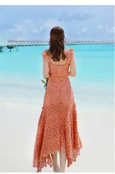

2019 Summer Women Orange Hollow Out Mermaid Dress Sleeveless Strapless Asymmetric Ruffles Casual Dress High Waist Lace Dress