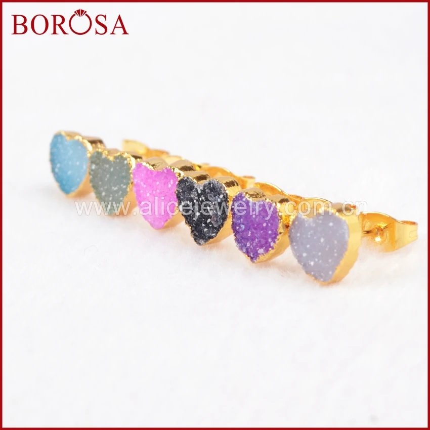 BOROSA Druzy 1 пара милые серьги с натуральным кристаллом в виде сердца 8 мм золотая
