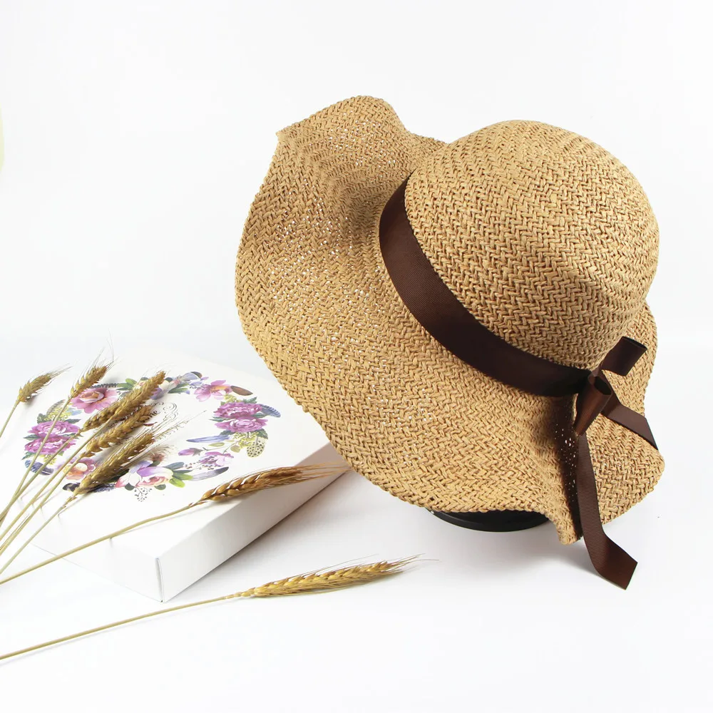 Wavy Brim Sun Straw Hat Lady Sun cap Bowknot Ruffle Foldable Sunshade Handmade casual simple elegant Fashion Straw Hat Y704