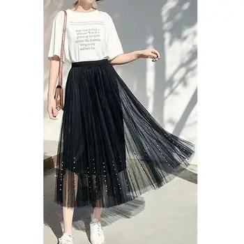 

Tulle Skirts Womens Pearl Midi Pleated Skirt Women Summer Korean Elastic High Waist Mesh Tutu Skirt Femme 6 Colors New Arrival