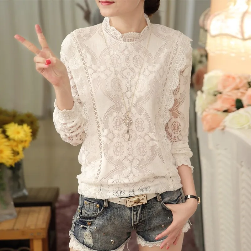 

2018 Sexy white lace flower blouse shirt Hollow out mesh transparent blouse blusas Women long sleeve blouse tops christmas